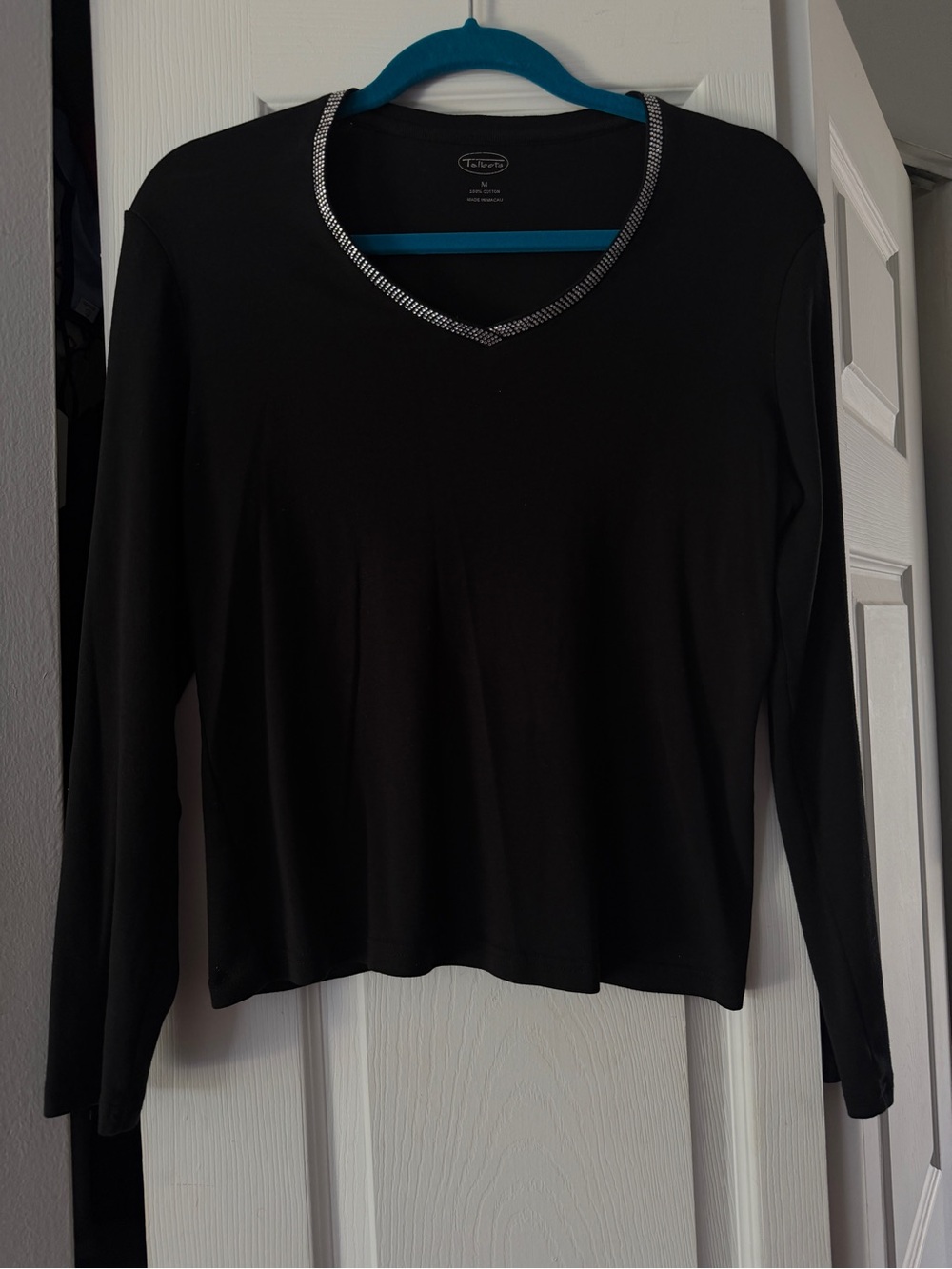 Talbots Black Long-Sleeve V-Neck Top with Silver Trim